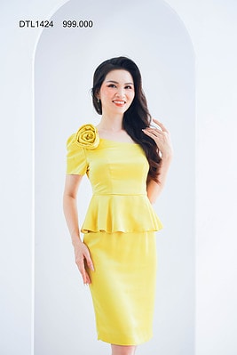 Đầm tiệc lụa, bông nổi bờ vai DTL1424