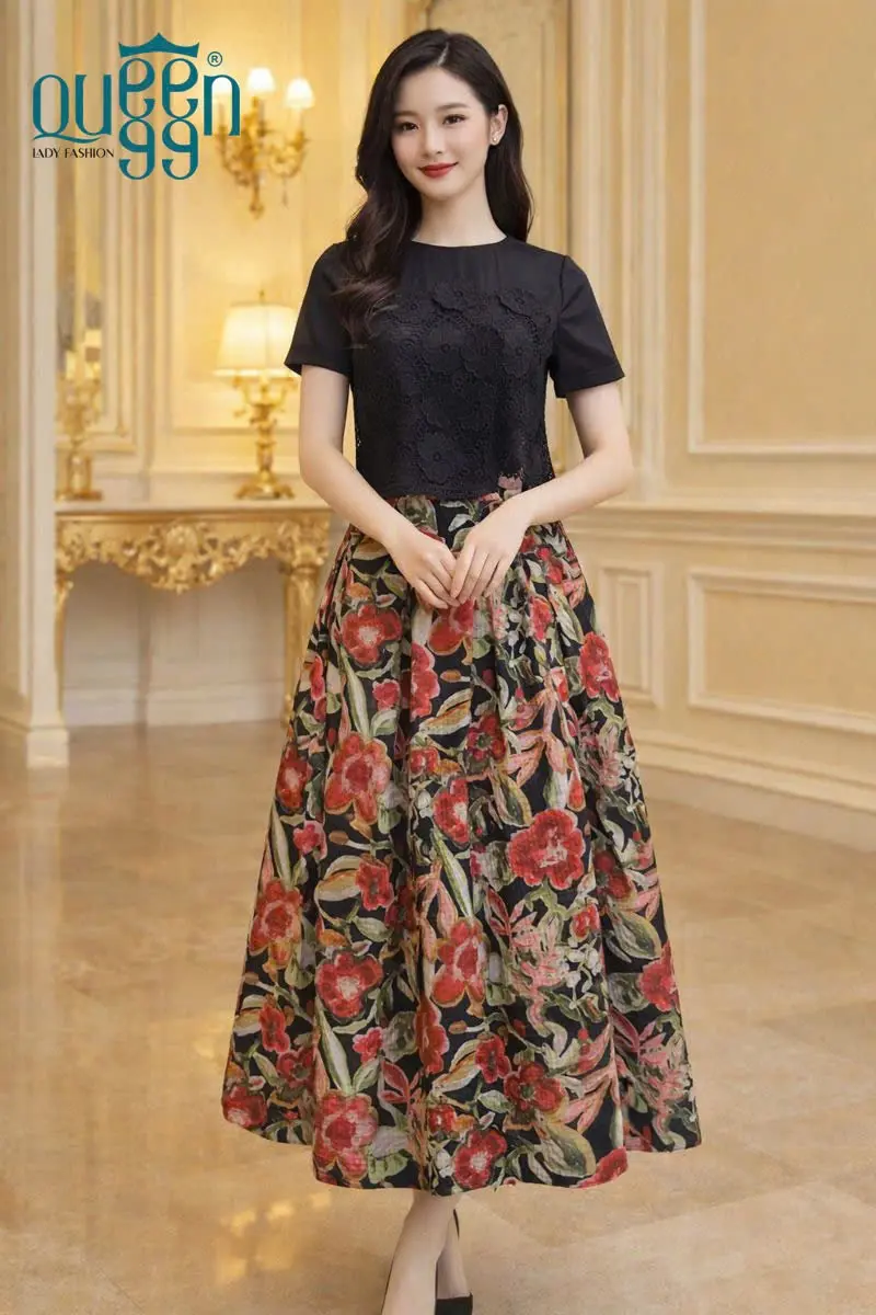 Chân váy hoa xếp ly CVX37